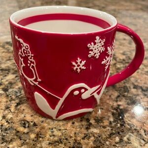 Starbucks Mug Holiday Xmas 2007 red penguin snowman trees snowflakes VGUC